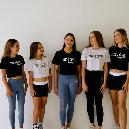 Black Crop Tee - The Love Training Wear. Girls crop tee, 100% australian cotton, soft and light on the skin. Girls size 6 - women's M