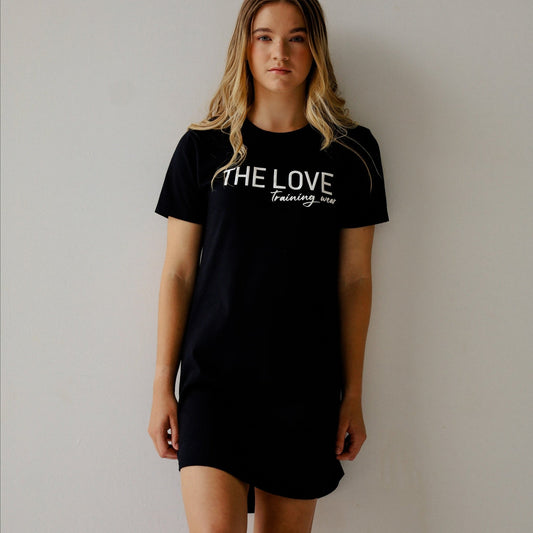 Black T-Shirt Dress - The Love Training Wear. Brisbane QLD, girls tshirt dress. !00% cotton, soft on the skin. girls size 6 to womens size M